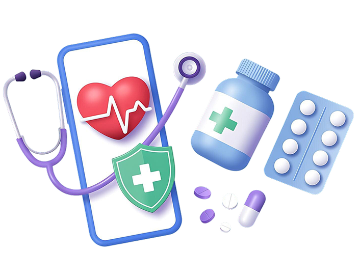 3D Medical Illustration showing smartphone, heart, stethoscope and pills