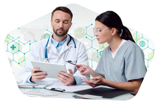 Two doctors consulting over a tablet